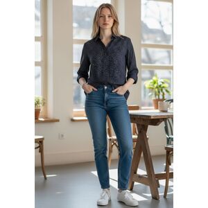 Skies are Blue Navy Blue Star Print Roll Up Sleeve Blouse Size Small